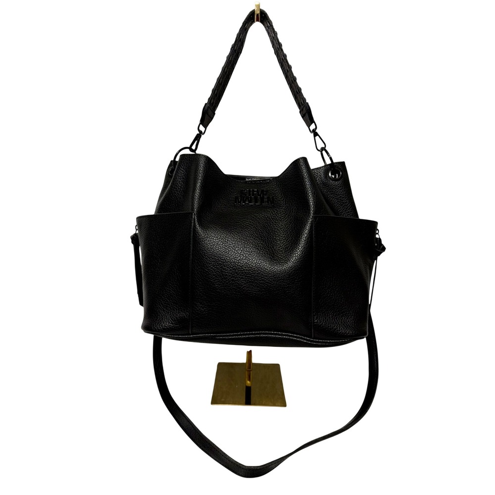 Steve Madden Black Pebbled Vegan Leather Hobo Crossbody Bag with Studded Strap